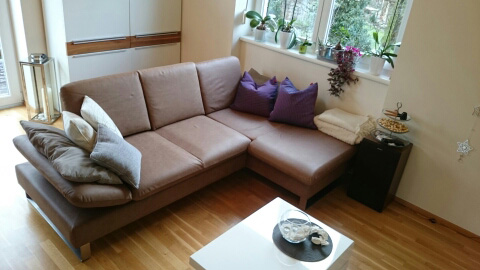 Kunde Zimmer - Sofa mit Longchair Joy mit Edelstahlkufen in Rindleder klein