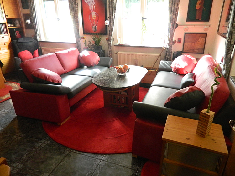Kunde H.H. - Sofa Stella in Echtleder zweifarbig rot und grau klein